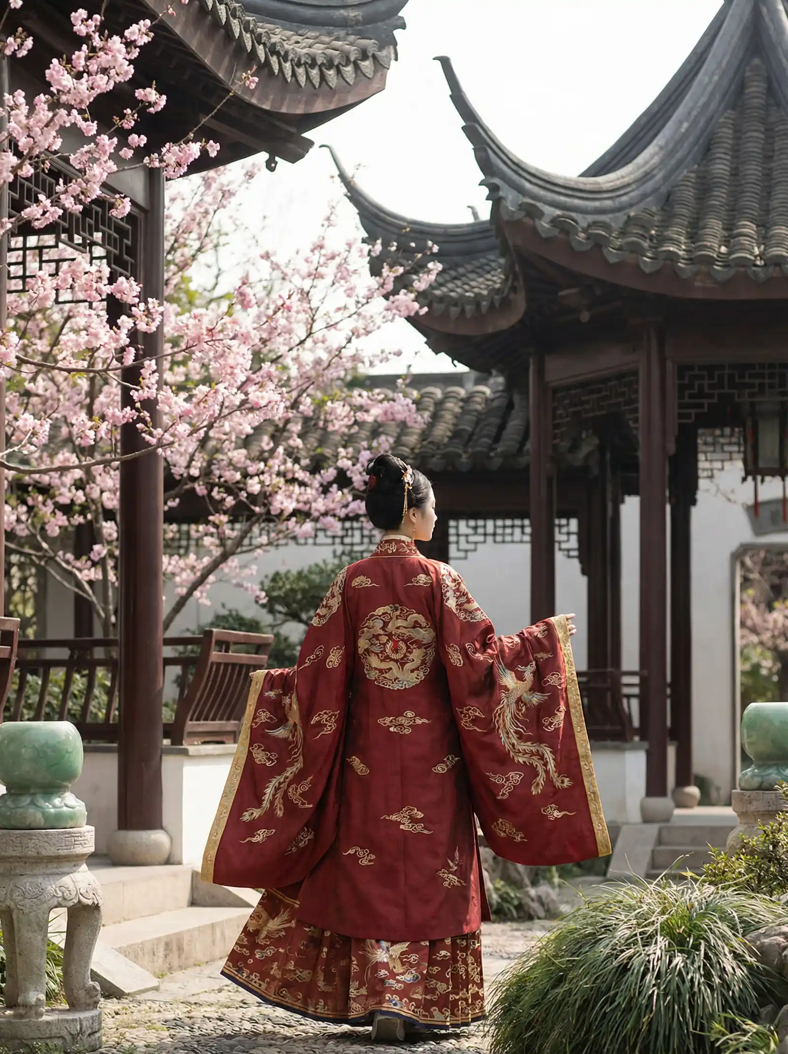 国产影视 明制汉服红色凤凰刺绣